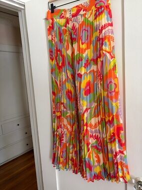 Sezane Pleated Midi Skirt in Yellow, Pink, Red & Green Floral